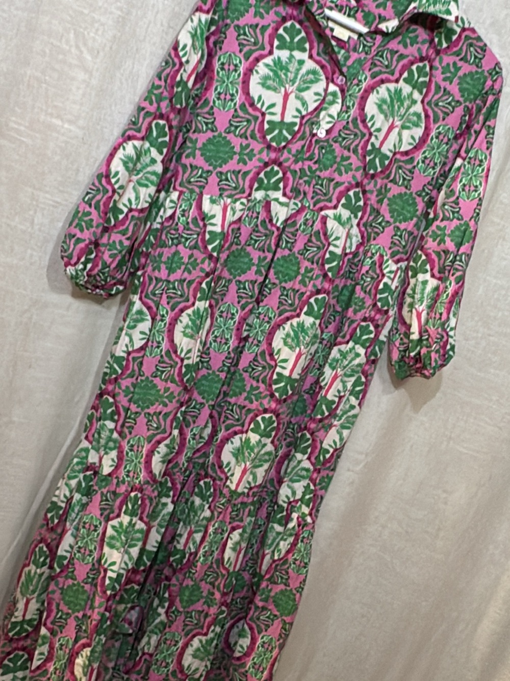 Pink & Green Printed Long Sleeve Maxi Dress